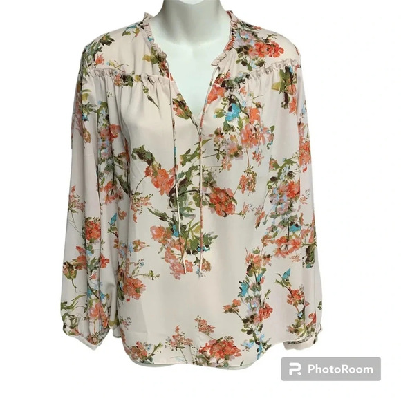 Violet & Claire size large peach floral long sleeve top ruffled collar - Picture 1 of 9